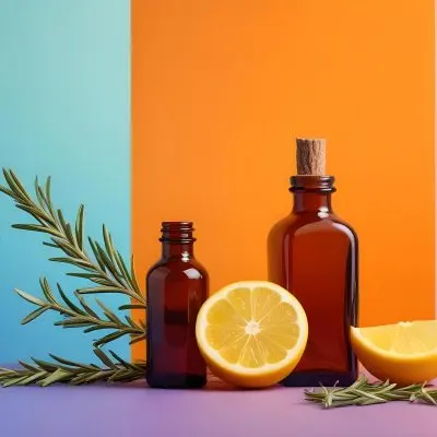 A Brown Glass Dropper Bottle Positioned On A Colorful Background With A Gradient Of Orange And Blue Next To The Bottle There Is A Whole Lemon And A Halved Lemon Along With A Sprig Of Rosemary The Scene Is Bright An 5 26e4