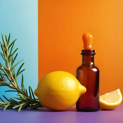 A Brown Glass Dropper Bottle Positioned On A Colorful Background With A Gradient Of Orange And Blue Next To The Bottle There Is A Whole Lemon And A Halved Lemon Along With A Sprig Of Rosemary The Scene Is Bright An 6 25fc