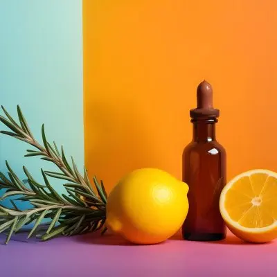 A Brown Glass Dropper Bottle Positioned On A Colorful Background With A Gradient Of Orange And Blue Next To The Bottle There Is A Whole Lemon And A Halved Lemon Along With A Sprig Of Rosemary The Scene Is Bright An 7 Ea6f