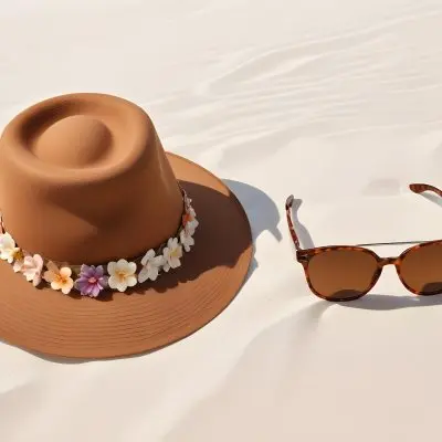 A Brown Hat With A Floral Band And Brown Sunglasses On White Sand 16 64f3