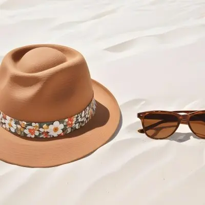 A Brown Hat With A Floral Band And Brown Sunglasses On White Sand 32