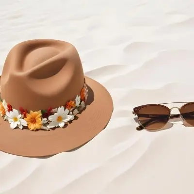 A Brown Hat With A Floral Band And Brown Sunglasses On White Sand 37
