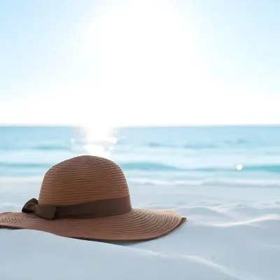 A Brown Sun Hat With A Ribbon On A White Sand Beach Turquoise Sea And Clear Sky In The Background 11 4657