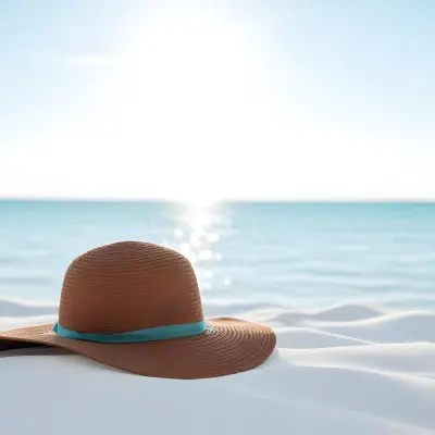 A Brown Sun Hat With A Ribbon On A White Sand Beach Turquoise Sea And Clear Sky In The Background 12 D390
