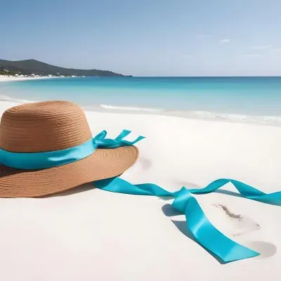 A Brown Sun Hat With A Ribbon On A White Sand Beach Turquoise Sea And Clear Sky In The Background 14 0eb3
