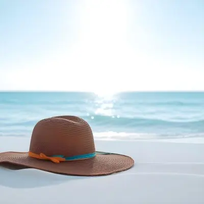 A Brown Sun Hat With A Ribbon On A White Sand Beach Turquoise Sea And Clear Sky In The Background 15 3fca