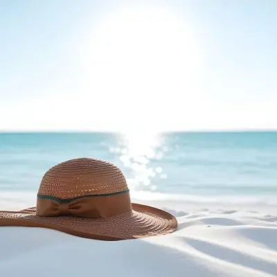 A Brown Sun Hat With A Ribbon On A White Sand Beach Turquoise Sea And Clear Sky In The Background 19