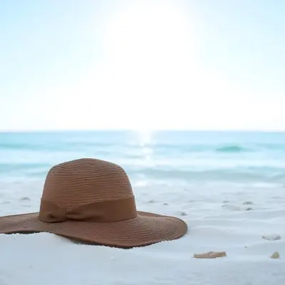 A Brown Sun Hat With A Ribbon On A White Sand Beach Turquoise Sea And Clear Sky In The Background 33