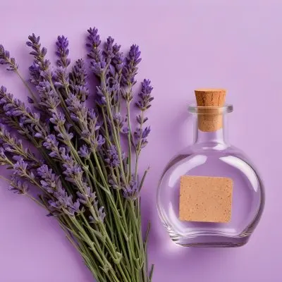 A Bunch Of Lavender Flowers Next To A Round Glass Bottle With A Cork Stopper On A Light Purple Background 11 Feac