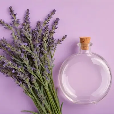 A Bunch Of Lavender Flowers Next To A Round Glass Bottle With A Cork Stopper On A Light Purple Background 14 1cf8
