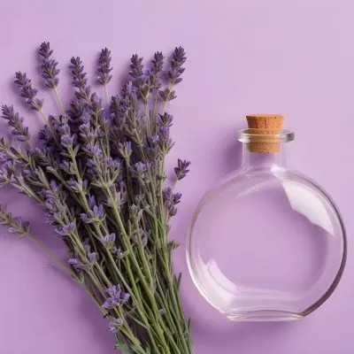 A Bunch Of Lavender Flowers Next To A Round Glass Bottle With A Cork Stopper On A Light Purple Background 16 B46f