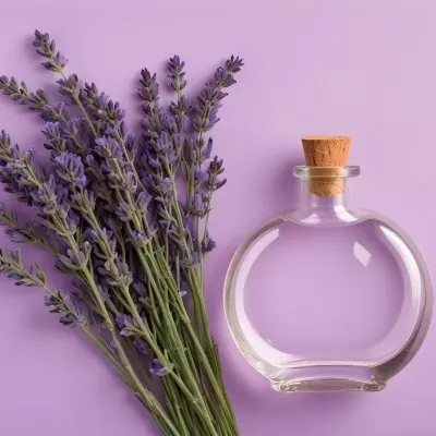 A Bunch Of Lavender Flowers Next To A Round Glass Bottle With A Cork Stopper On A Light Purple Background 20 9f24
