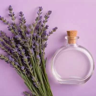 A Bunch Of Lavender Flowers Next To A Round Glass Bottle With A Cork Stopper On A Light Purple Background 35 7140