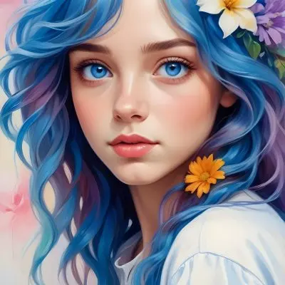 A Caucasian Girl 17 Years Old Blue Eyes Light Skin Blue Wavy Hair With A Flower Colorful Background 5 9cdd