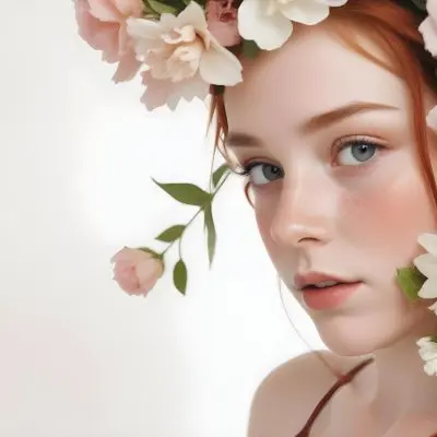 A Caucasian Girl 17 Years Old Red Hair With Flowers Around Her Face White Background 20 2991