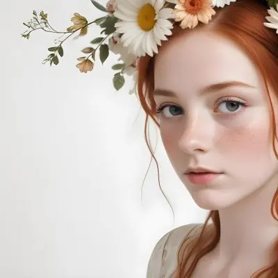 A Caucasian Girl 17 Years Old Red Hair With Flowers Around Her Face White Background 32 B5f1