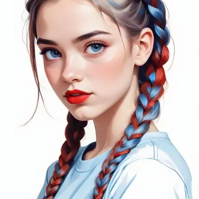 A Caucasian Girl 17 Years Old With Blue Braided Hair Red Eyes And Red Lips Wearing A Blue T Shirt In A Red Background 27 8389
