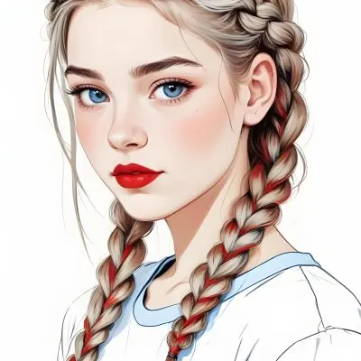 A Caucasian Girl 17 Years Old With Blue Braided Hair Red Eyes And Red Lips Wearing A Blue T Shirt In A Red Background 30 01ec