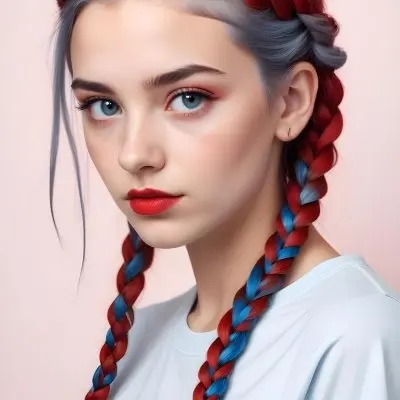 A Caucasian Girl 17 Years Old With Blue Braided Hair Red Eyes And Red Lips Wearing A Blue T Shirt In A Red Background 61 Ee60