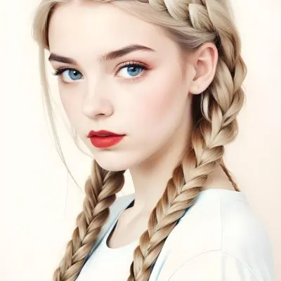 A Caucasian Girl 17 Years Old With Blue Braided Hair Red Eyes And Red Lips Wearing A Blue T Shirt In A Red Background 70 D209