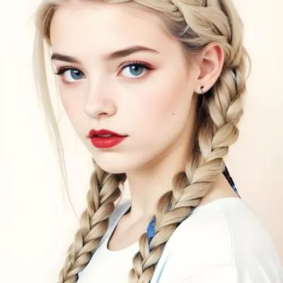A Caucasian Girl 17 Years Old With Blue Braided Hair Red Eyes And Red Lips Wearing A Blue T Shirt In A Red Background 77 Dd2e