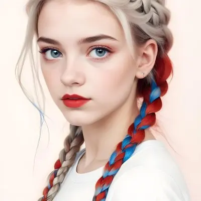 A Caucasian Girl 17 Years Old With Blue Braided Hair Red Eyes And Red Lips Wearing A Blue T Shirt In A Red Background 79 7a1b