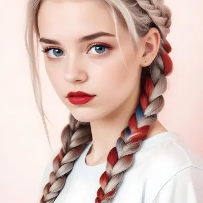A Caucasian Girl 17 Years Old With Blue Braided Hair Red Eyes And Red Lips Wearing A Blue T Shirt In A Red Background 81 960f