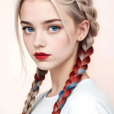 A Caucasian Girl 17 Years Old With Blue Braided Hair Red Eyes And Red Lips Wearing A Blue T Shirt In A Red Background 85 17db