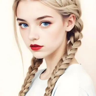 A Caucasian Girl 17 Years Old With Blue Braided Hair Red Eyes And Red Lips Wearing A Blue T Shirt In A Red Background 87 Fca5