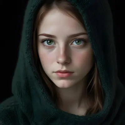 A Caucasian Girl 19 Years Old Green Eyes Freckles Wearing A Green Knitted Hood Dark Background 14 D616