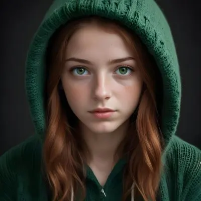 A Caucasian Girl 19 Years Old Green Eyes Freckles Wearing A Green Knitted Hood Dark Background 2 A3ff