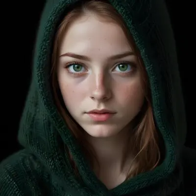 A Caucasian Girl 19 Years Old Green Eyes Freckles Wearing A Green Knitted Hood Dark Background 20 84bd