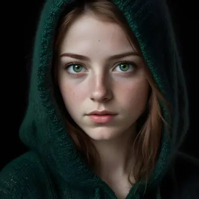 A Caucasian Girl 19 Years Old Green Eyes Freckles Wearing A Green Knitted Hood Dark Background 28 3eff