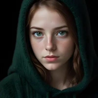 A Caucasian Girl 19 Years Old Green Eyes Freckles Wearing A Green Knitted Hood Dark Background 31 478b
