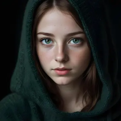 A Caucasian Girl 19 Years Old Green Eyes Freckles Wearing A Green Knitted Hood Dark Background 37 F578