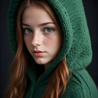 A Caucasian Girl 19 Years Old Green Eyes Freckles Wearing A Green Knitted Hood Dark Background 4 9bb8