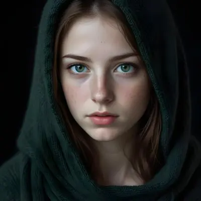 A Caucasian Girl 19 Years Old Green Eyes Freckles Wearing A Green Knitted Hood Dark Background 6 3553