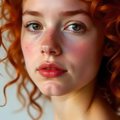 A Caucasian Girl 19 Years Old Light Skin Brown Eyes Freckles Red Curly Hair Red Lips Close Up Shot In A White Background 1 F613