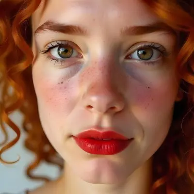 A Caucasian Girl 19 Years Old Light Skin Brown Eyes Freckles Red Curly Hair Red Lips Close Up Shot In A White Background 10 99eb