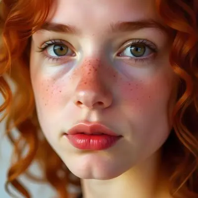 A Caucasian Girl 19 Years Old Light Skin Brown Eyes Freckles Red Curly Hair Red Lips Close Up Shot In A White Background 16 6038