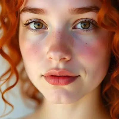 A Caucasian Girl 19 Years Old Light Skin Brown Eyes Freckles Red Curly Hair Red Lips Close Up Shot In A White Background 20 13ae
