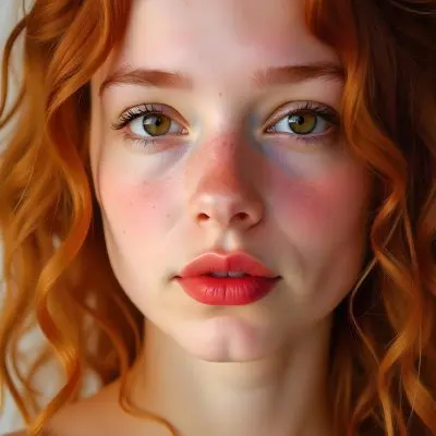 A Caucasian Girl 19 Years Old Light Skin Brown Eyes Freckles Red Curly Hair Red Lips Close Up Shot In A White Background 25 9f5f