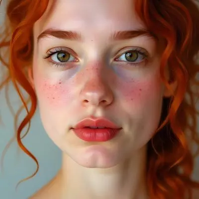 A Caucasian Girl 19 Years Old Light Skin Brown Eyes Freckles Red Curly Hair Red Lips Close Up Shot In A White Background 27 485f