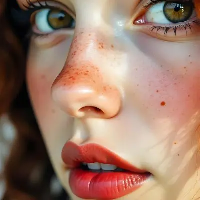 A Caucasian Girl 19 Years Old Light Skin Brown Eyes Freckles Red Curly Hair Red Lips Close Up Shot In A White Background 28 B3a8