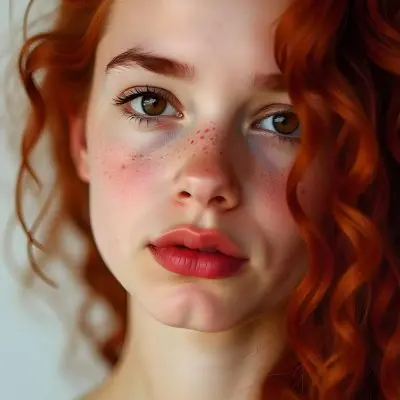 A Caucasian Girl 19 Years Old Light Skin Brown Eyes Freckles Red Curly Hair Red Lips Close Up Shot In A White Background 29 3503