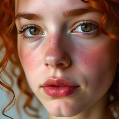 A Caucasian Girl 19 Years Old Light Skin Brown Eyes Freckles Red Curly Hair Red Lips Close Up Shot In A White Background 8 Df84