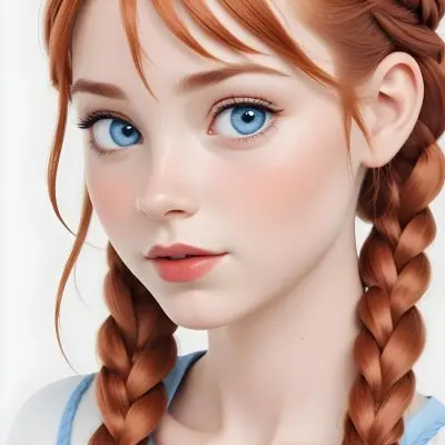 A Caucasian Girl Age 16 With Fair Skin Blue Eyes Red Lips And Red Hair In Braids Light Blue Shirt White Background 34 D881