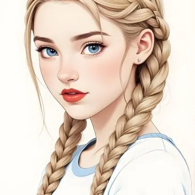 A Caucasian Girl Age 16 With Fair Skin Blue Eyes Red Lips And Red Hair In Braids Light Blue Shirt White Background 58 Cf18