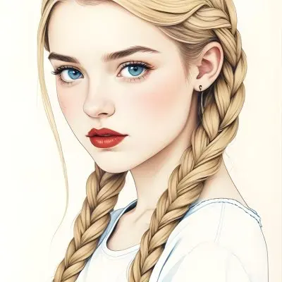A Caucasian Girl Age 16 With Fair Skin Blue Eyes Red Lips And Red Hair In Braids Light Blue Shirt White Background 63 E2a5