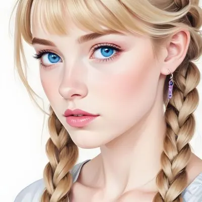 A Caucasian Girl Age 17 With Fair Skin Blue Eyes Braided Blonde Hair Wearing Earrings Light Pink Lipstick In A White Background 25 F0af